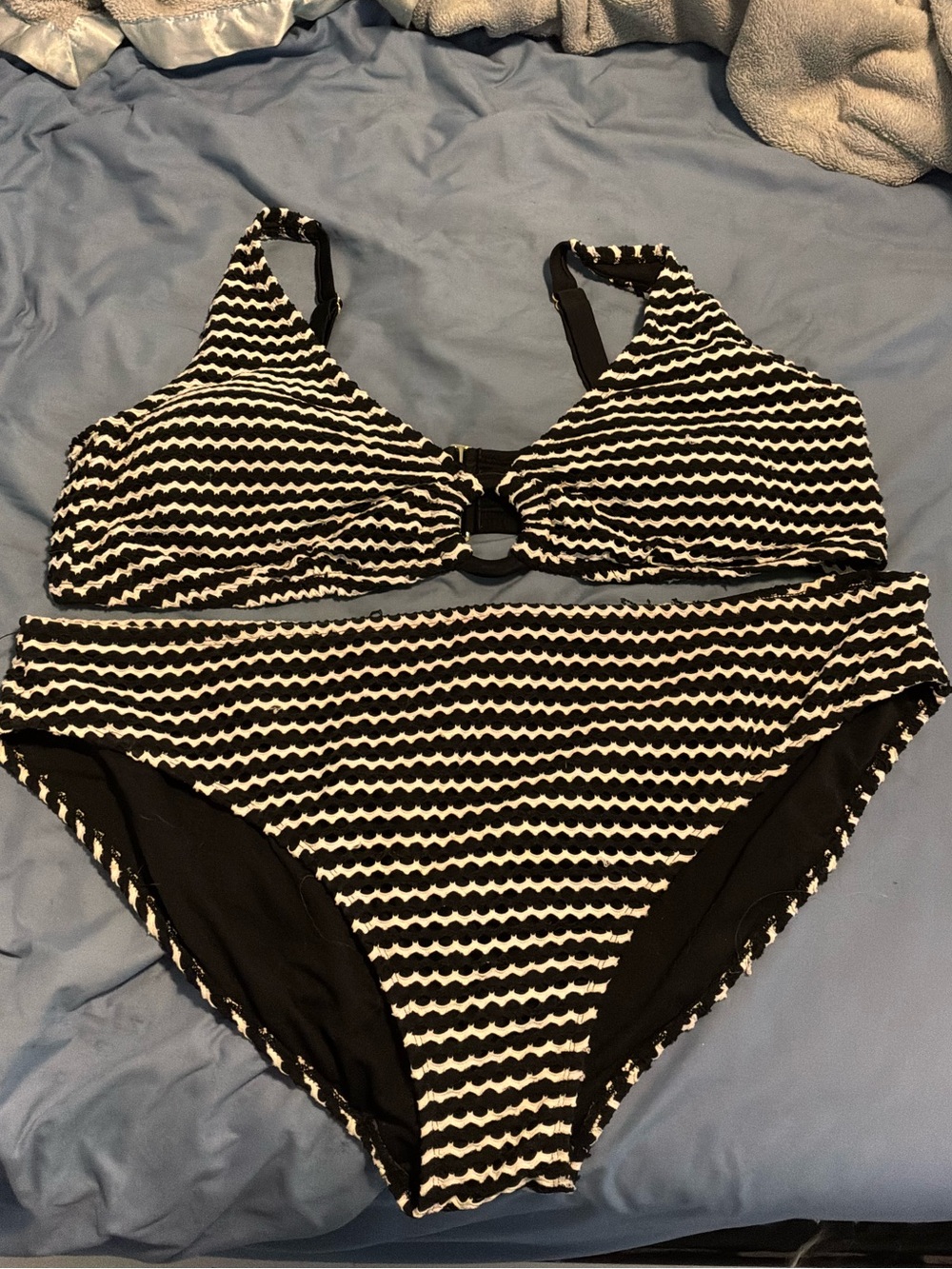 Time and Tru Black and White Crochet Bikini Top with Ring Detail